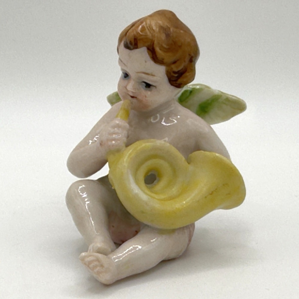 Vintage PAULUX Japan Angel Cherub Figurine Playing French Horn Porcelain Mini